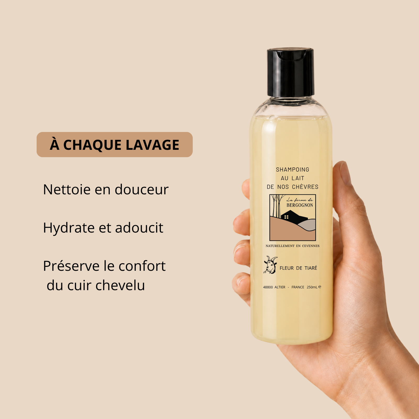 Shampoing liquide au lait de chèvre – Fleur de Tiaré
